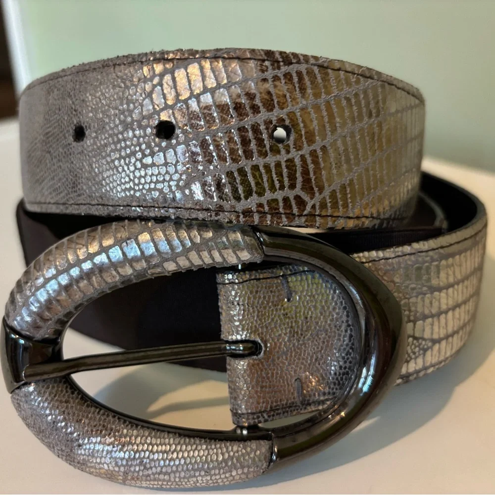 Sandy Duftler Designs Vintage Made in USA Reptile Belt Gray Metallic Buckle L